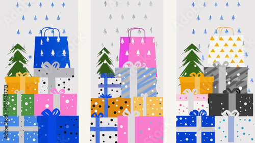 Colorful gift boxes and shopping bags with christmas trees on a rainy day festive holiday shopping concept