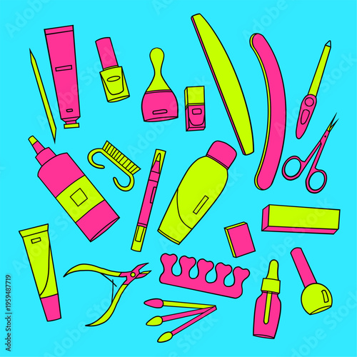 Neon Beauty Tools Set Flat Illustration with Manicure and Cosmetic Accessories