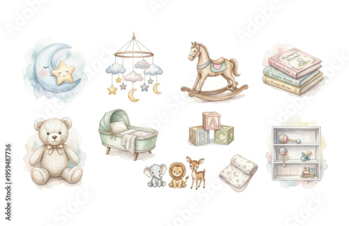 Watercolor Baby Nursery Clipart Set — 10 Newborn & Nursery Room Elements PNG SVG Vector Illustration