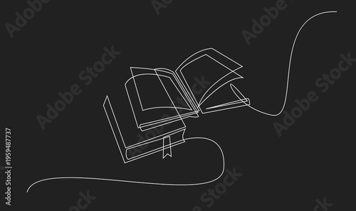 Continuous Line Art Books: Open Book with Flying Pages and Stacked Books on Dark Background, Education and Knowledge Concept