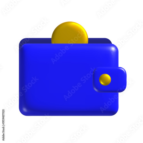 Bright blue 3D wallet with rounded corners and a yellow coin peeking over the top edge. Vector illustration