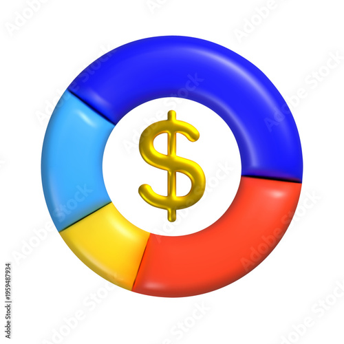 Colorful 3D circular ring with blue, light blue, yellow, and red segments surrounding a white center and gold dollar sign. Vector illustration