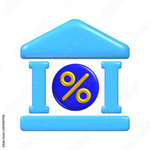 Bright blue 3D bank icon featuring pillars and a roof, with a yellow percentage symbol centered in a blue circle. Vector illustration