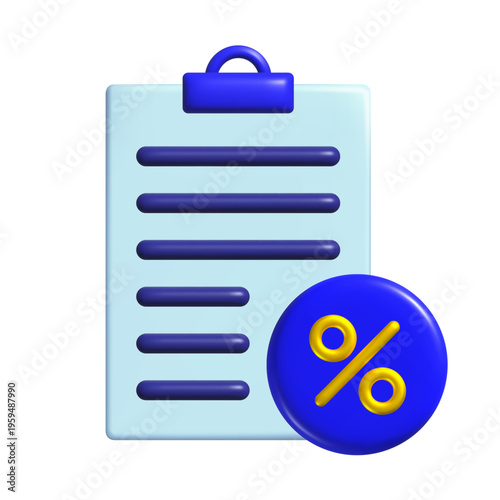 Light blue clipboard with dark blue horizontal text lines blue circular badge featuring a yellow percent symbol overlay. Vector illustration