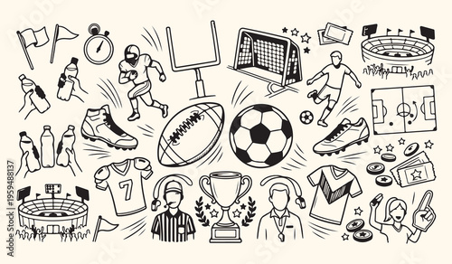 Football soccer sports doodle, athletic game team background, championship tournament trophy illustration, football stadium gear wallpaper, hand drawn sports sketches, active lifestyle game design, so
