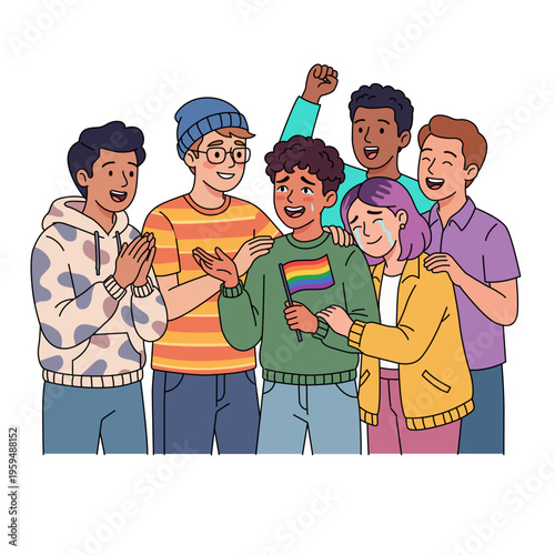 Crying young boy holding rainbow flag surrounded by cheering supportive group of friends