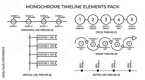 Timeline icon set with horizontal, vertical, circle, arrow, and dotted formats, drawn in black-and-white line art, symbolizing project planning, history, workflow, and sequential progress tracking.