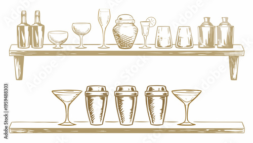 Flat vector illustration of a rooftop bar setup with glasses and bottles on shelves modern cocktail equipment