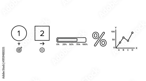 Workflow icon set with step markers, progress bar, percentage, and rising line graph, drawn in black-and-white line art, symbolizing project management, tracking, and performance evaluation.