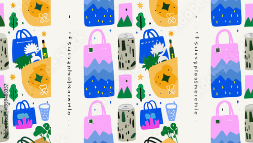 Vibrant illustration of eco friendly shopping bags and reusable containers on white background promoting sustainable living and reducing plastic waste in daily life