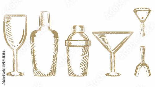 Vector illustration of gold cocktail glasses and bottles on white background for luxury drink concepts