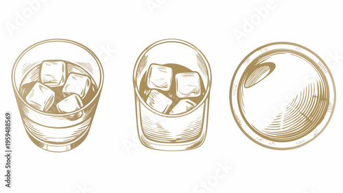 Whiskey on the rocks in three clear glasses with ice cubes on a white background flat vector illustration