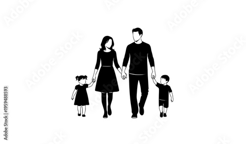 Happy young family walking holding hands silhouette with parents baby girl and baby boy black and white vector isolated on white background