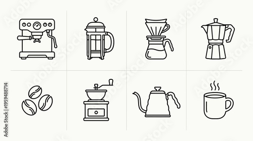 Coffee brewing icon set with espresso machine, French press, pour over, moka pot, beans, grinder, kettle, and mug, drawn in black-and-white line art, symbolizing coffee culture, tools, and rituals.