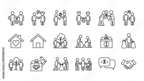 Family, people, relationship icons, 20 line style characters, black and white, vector graphics