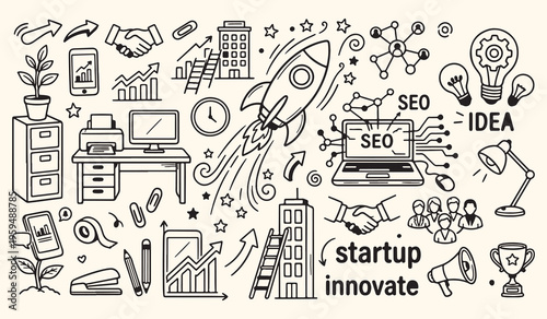 Digital marketing SEO doodle, business startup background, technology innovation illustration, search engine marketing wallpaper, hand drawn business sketches, online strategy design, marketing icons 