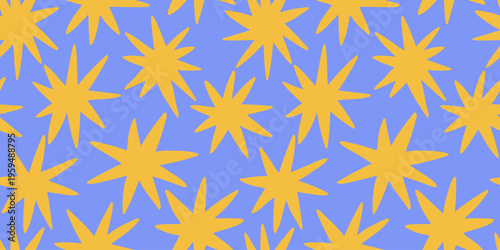 Colorful abstract starburst seamless pattern in modern playful style, perfect for textiles, wallpapers, packaging, and creative surface design.