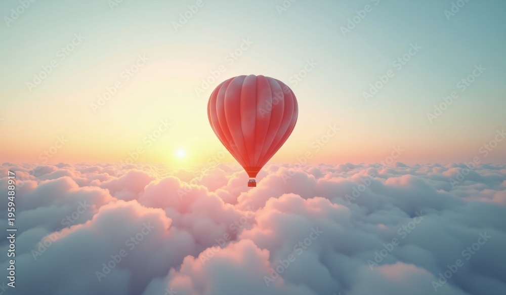 Fototapeta premium Red Hot Air Balloon Floating Above Clouds During a Peaceful Sunrise