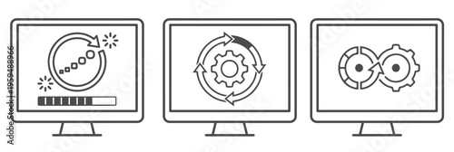 Modern Minimalist Computer Screen System Loading Process Vector Icons