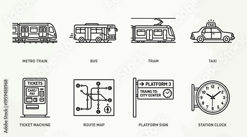 Public transport icon set with tram, bus, subway, taxi, ticket machine, map, platform sign, and clock, drawn in black-and-white line art, symbolizing urban mobility, travel, and city commuting.