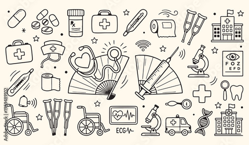 Medical care health icons, hospital equipment clinic background, doctor service tools illustration, healthcare wellness seamless wallpaper, hand drawn medical sketches, pharmacy medicine items design,