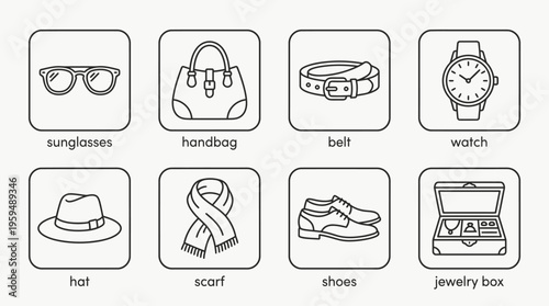 Fashion accessories icon set with sunglasses, handbag, belt, watch, hat, scarf, shoes, and jewelry box, drawn in black-and-white line art, symbolizing style, elegance, and personal fashion.