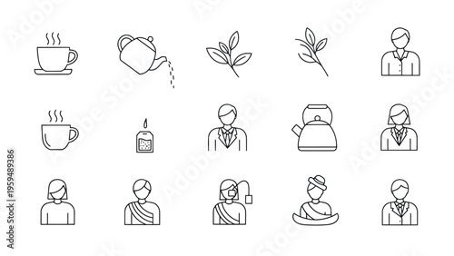 Minimalist line icons, coffee shop people, tea and herbal infusions, 16 editable vector graphics