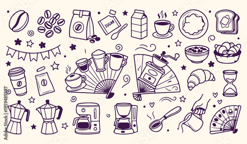 Coffee brewing cafe pattern, barista equipment tools background, morning coffee habit illustration, espresso lovers seamless wallpaper, hand drawn cafe sketches, coffee shop aesthetic design, caffeine