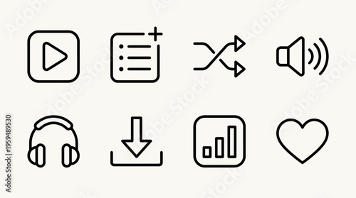 Music app icon set with play, playlist, shuffle, volume, headphones, download, equalizer, and favorite, drawn in black-and-white line art, symbolizing audio features, controls, and listening.