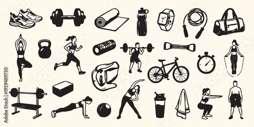 Fitness gym activity pattern, workout exercise background, healthy lifestyle illustration, athletic training wallpaper, hand drawn fitness sketches, bodyweight workout design, crossfit gym icons patte
