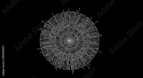 Circular pattern of white electronic circuit board traces against black