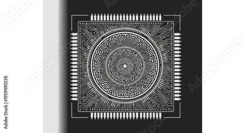 Intricate circular circuit board pattern radiating outwards