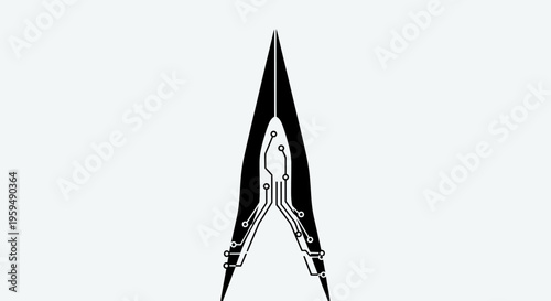 A stylized black arrowhead featuring integrated circuit board design elements