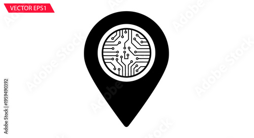 Black map pin icon overlayed with a circular electronic circuit board design
