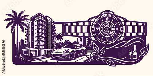  Urban luxury architecture car, modern city building background, luxury automotive lifestyle illustration, upscale real estate wallpaper, hand drawn city sketches, high end urban design, purple city n