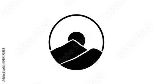 A black circle frames a silhouette of mountains at sunrise