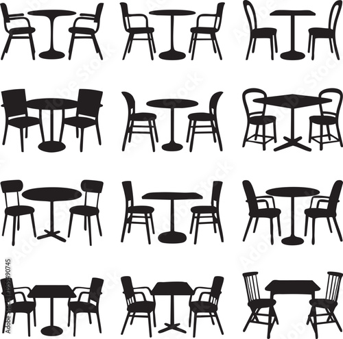 a collection of black silhouettes featuring different types of chairs and tables, ideal for design and decoration concepts