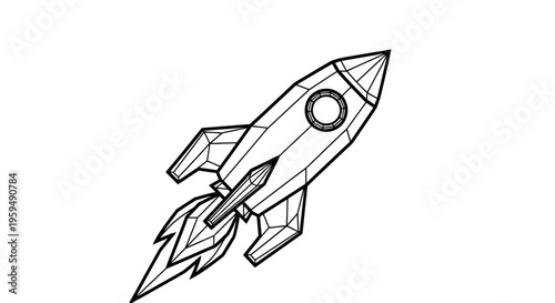 A black and white illustration of a stylized rocket launching with flames