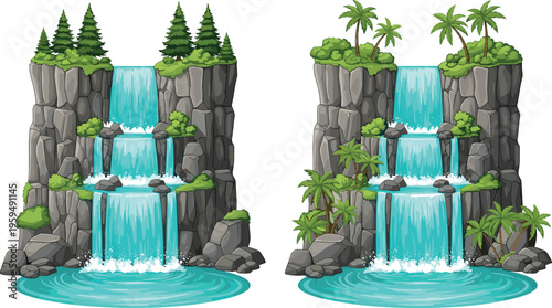 Cartoon waterfall scenes with rocky cliffs pine and palm trees cascading water nature landscape vector illustration tropical forest isolated design