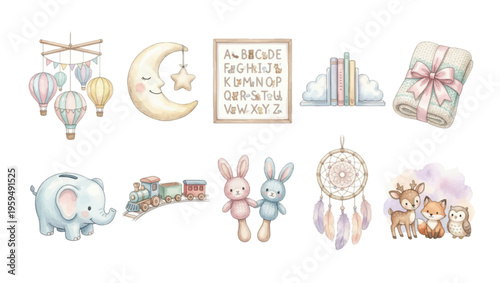 Watercolor Baby Nursery Clipart Set Vol.2 — 10 Dreamy Newborn & Woodland Elements PNG SVG Vector Illustration
