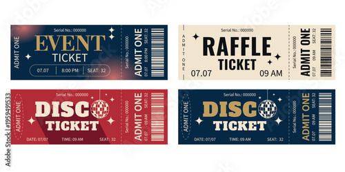 Set of modern Retro Ticket templates for parties. Luxury Coupons for Raffle, Disco, Event. Vintage style design in navy, red and beige colors, isolated on white background. Vector illustration.
