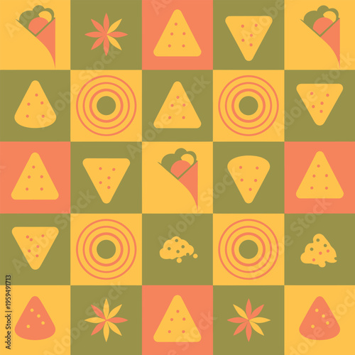 Seamless Pattern of Pop Art Shawarma and Kebab Illustration with Retro Halftone and Yum Text for Street Food Wrap Paper and Vibrant Branding