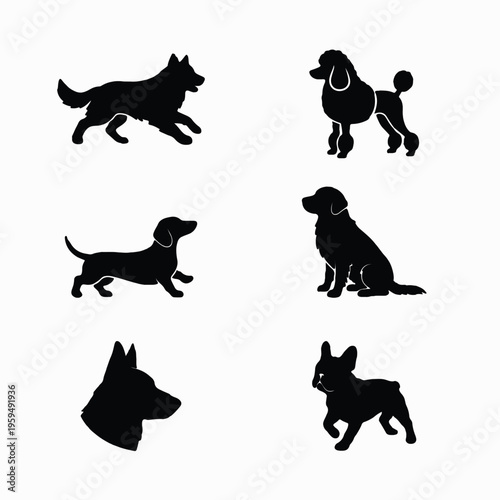 A collection of black dog silhouettes featuring various breeds in different standing and poses