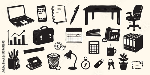 Office supplies stationery pattern, workspace equipment background, business school supplies illustration, desk accessories seamless wallpaper, hand drawn office sketches, professional stationery desi