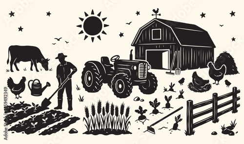 Rural farm landscape and tractor illustration, traditional farming and barn house sketch, agriculture industry and country life design, harvest season and village field background, organic farming and