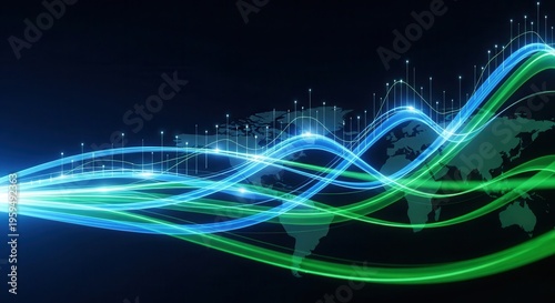Electric blue emerald wave patterns, curved lines, light streaks, world map silhouettes, professional stock market growth visualization.
