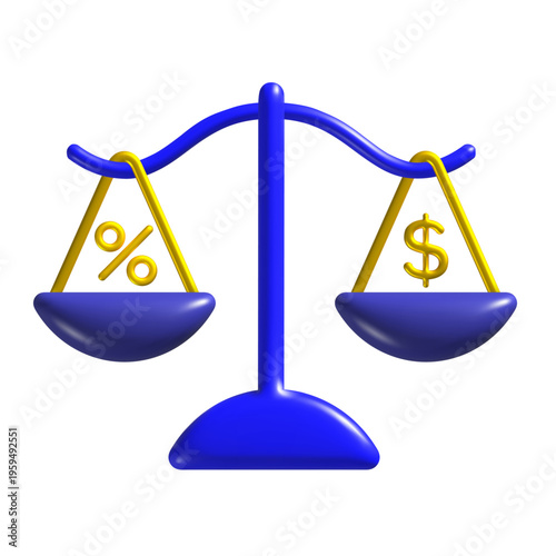 Blue balance scale with two pans. Left shows yellow percent symbol, right shows yellow dollar sign Vector illustration