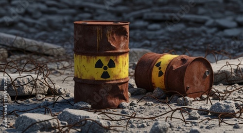 Two Rusted Radioactive Waste Barrels in a Concrete Rubble Landscape Under Harsh Daylight