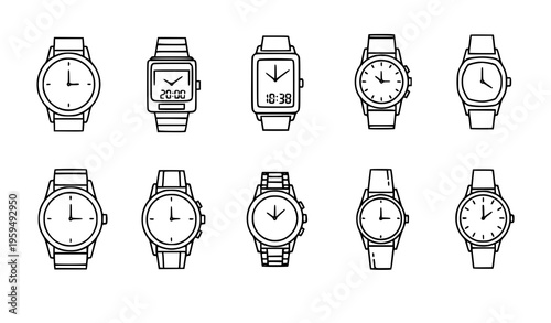 Analog wristwatch line icons timepiece vector outline set