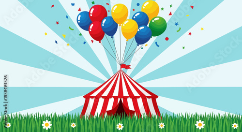 Colorful Circus Tent with Floating Balloons and Confetti on Sunny Blue Background, Carnival Celebration Concept Illustration
